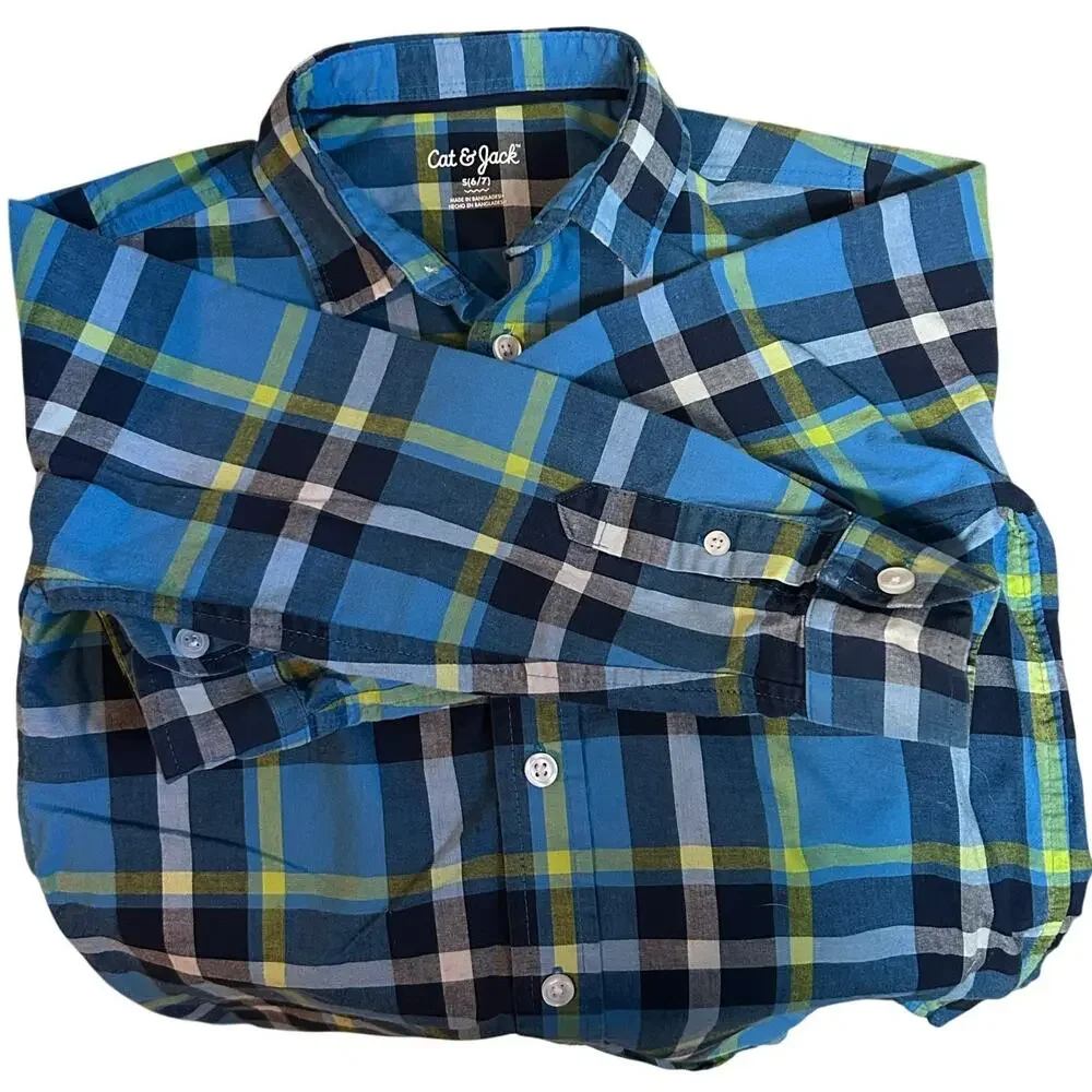 Cat & Jack Boys Blue Green Plaid Button Down S 6/7 FLAW